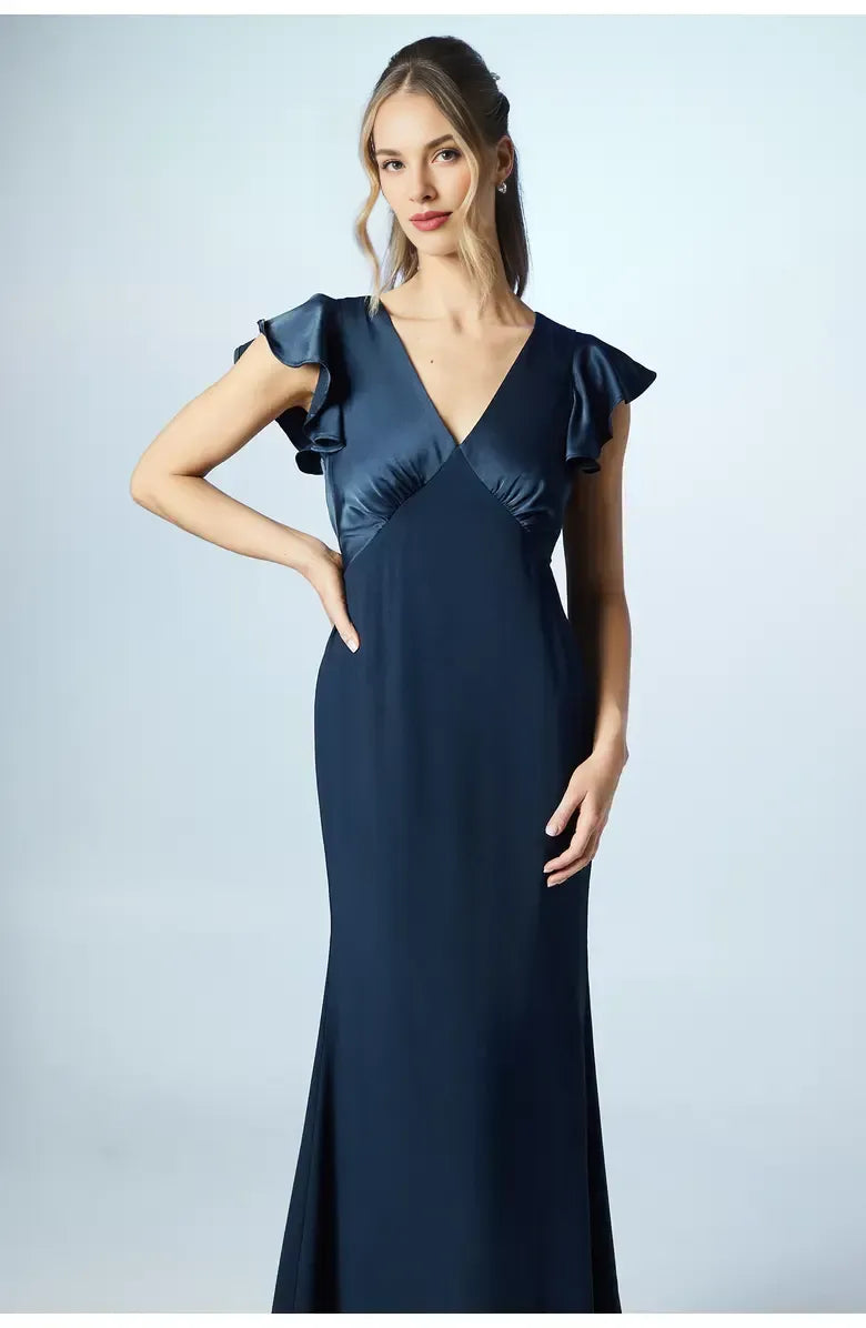 Affordable Fitted V Neck Short Sleeve Satin Floor-Length Prom Dress