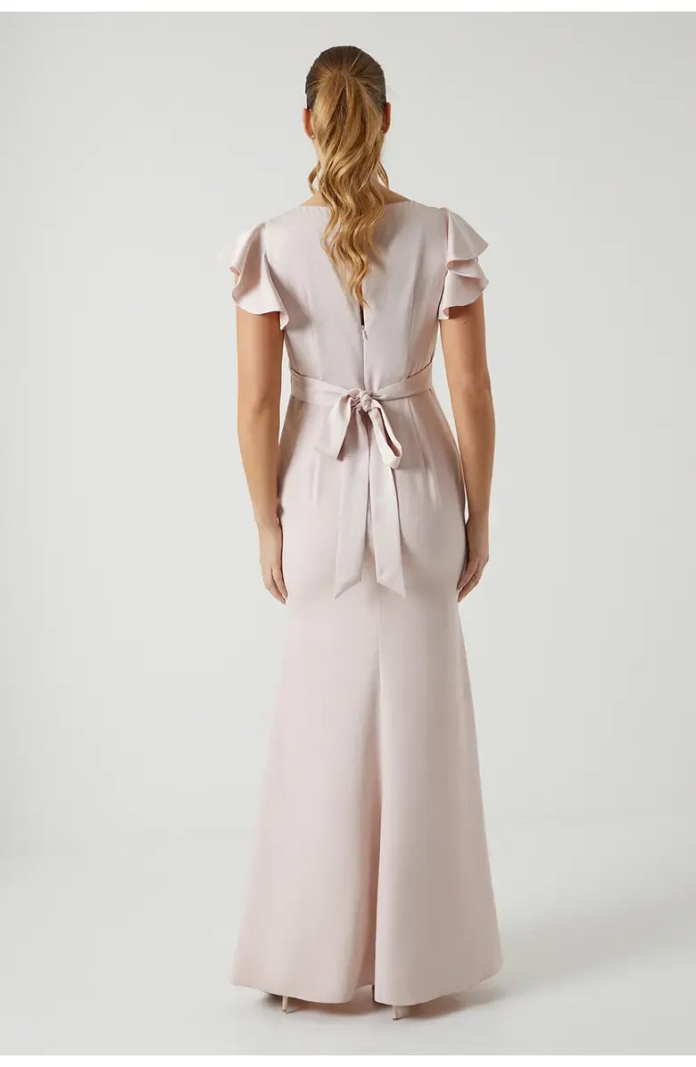 Affordable Fitted V Neck Short Sleeve Satin Floor-Length Prom Dress