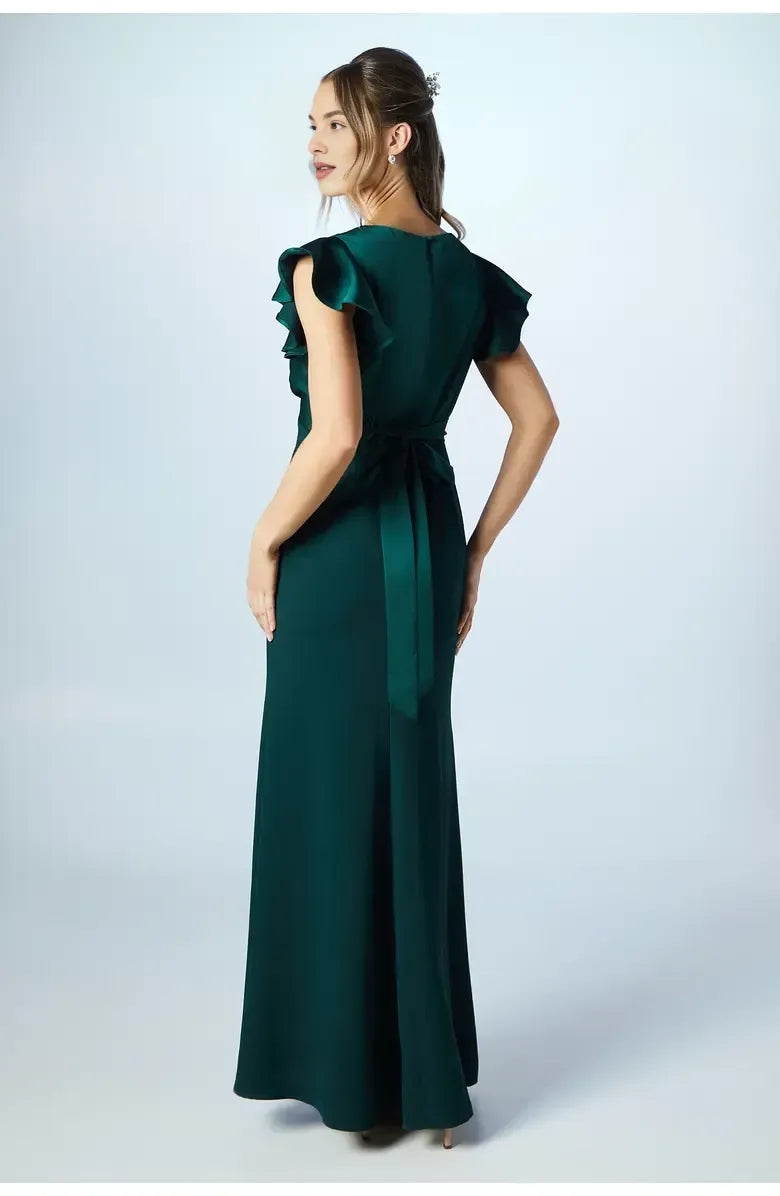 Affordable Fitted V Neck Short Sleeve Satin Floor-Length Prom Dress