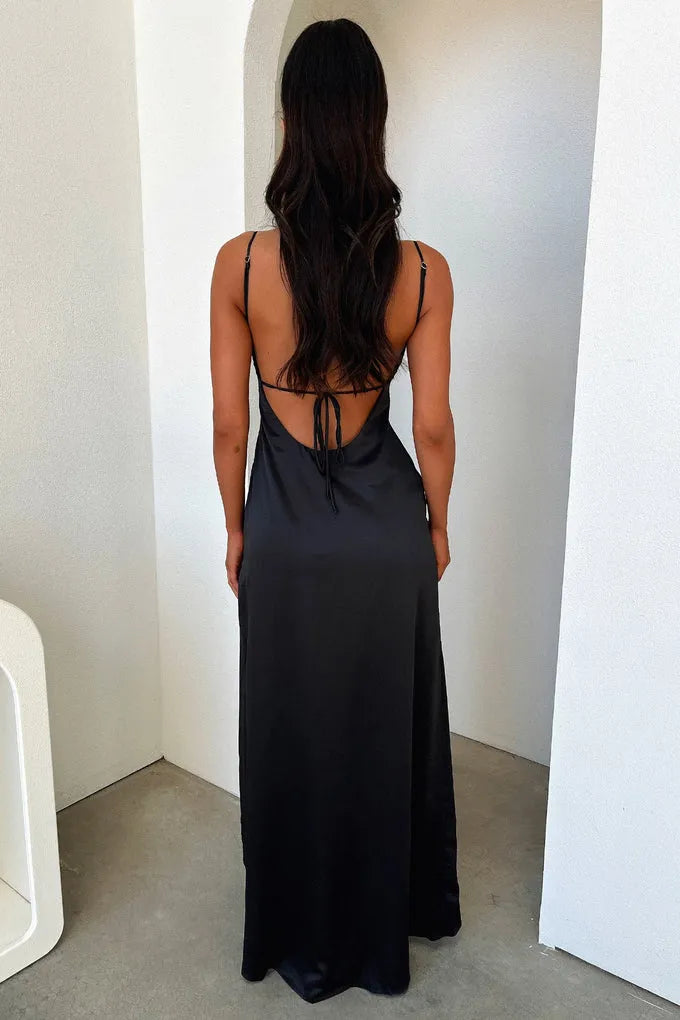 Affordable Sheath Spaghetti Straps Sleeveless Slit Satin Floor-Length Prom Dress