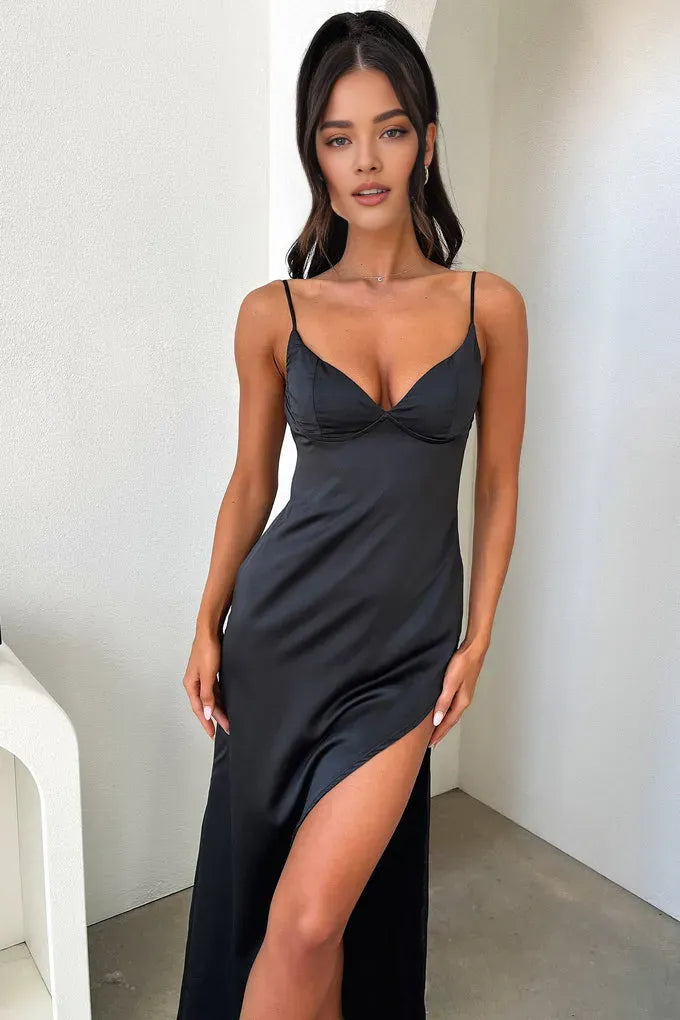 Affordable Sheath Spaghetti Straps Sleeveless Slit Satin Floor-Length Prom Dress