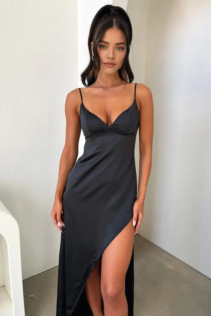 Affordable Sheath Spaghetti Straps Sleeveless Slit Satin Floor-Length Prom Dress
