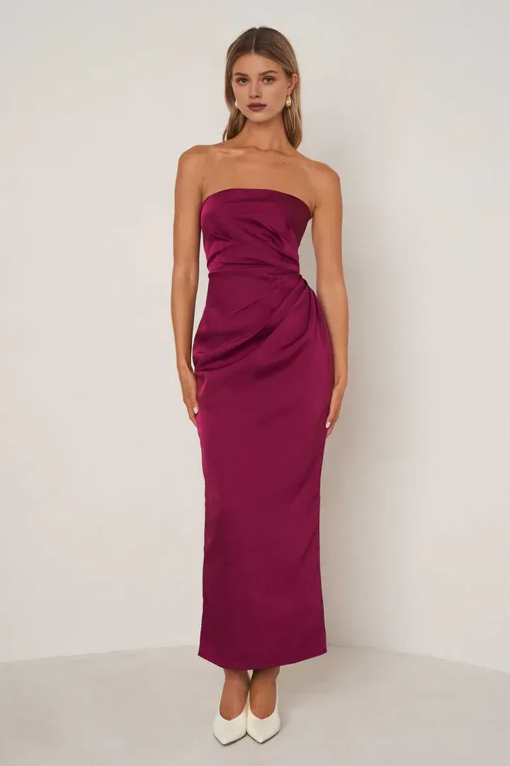 Affordable Sheath Strapless Sleeveless Satin Ankle-Length Prom Dress