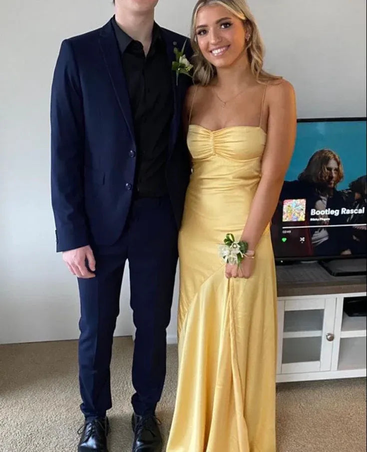 Affordable Spaghetti Straps Sleeveless Sheath Satin Slit Long Prom Dress