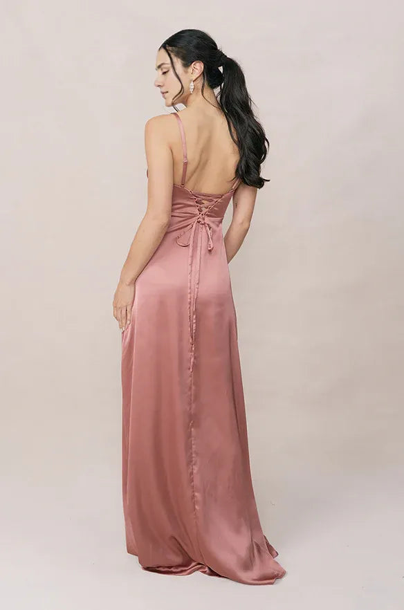 Affordable Fitted Cowl Neck Sleeveless Satin Floor-Length Prom Dress