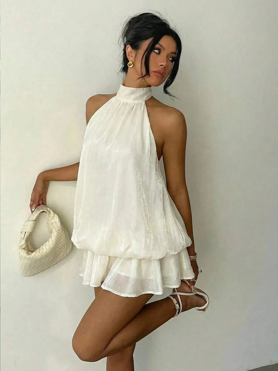 Airy Babydoll Halter Neck Tie Back Layered Ruffle White Mini Homecoming Dress