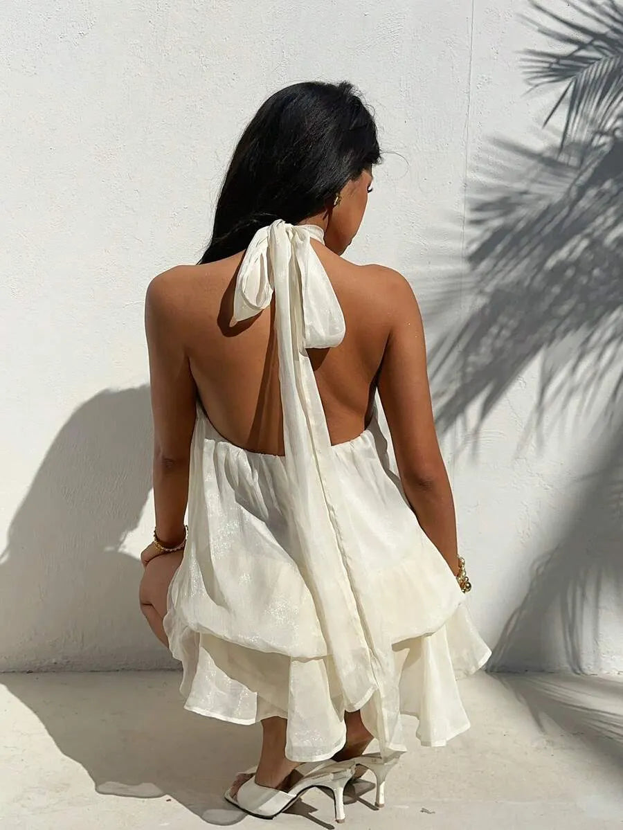 Airy Babydoll Halter Neck Tie Back Layered Ruffle White Mini Homecoming Dress