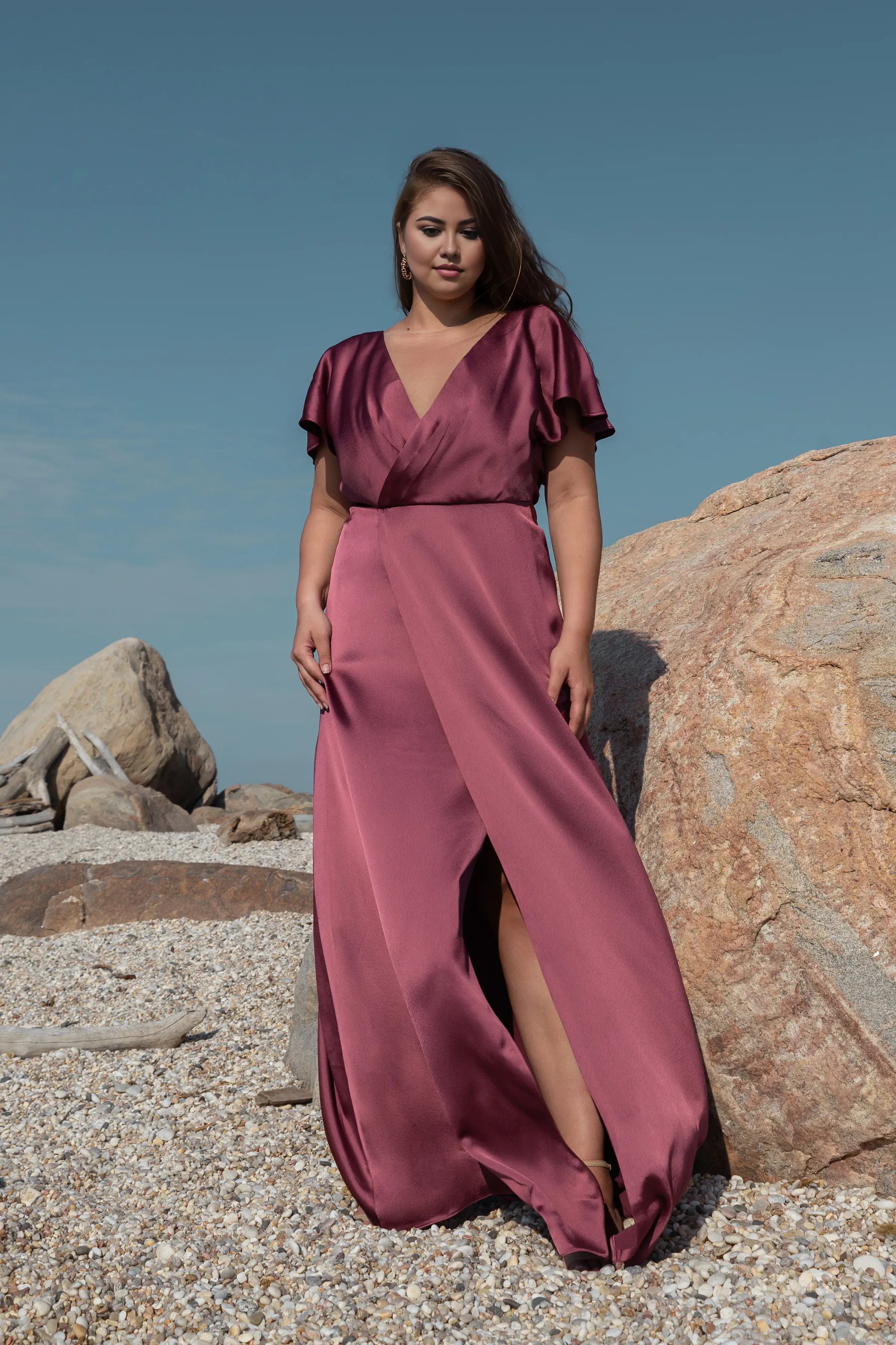 A line Slit Flutter Sleeve Satin Beautiful Floor Length Prom Dresses Backless Simple V Neck Prom Dresses for Women