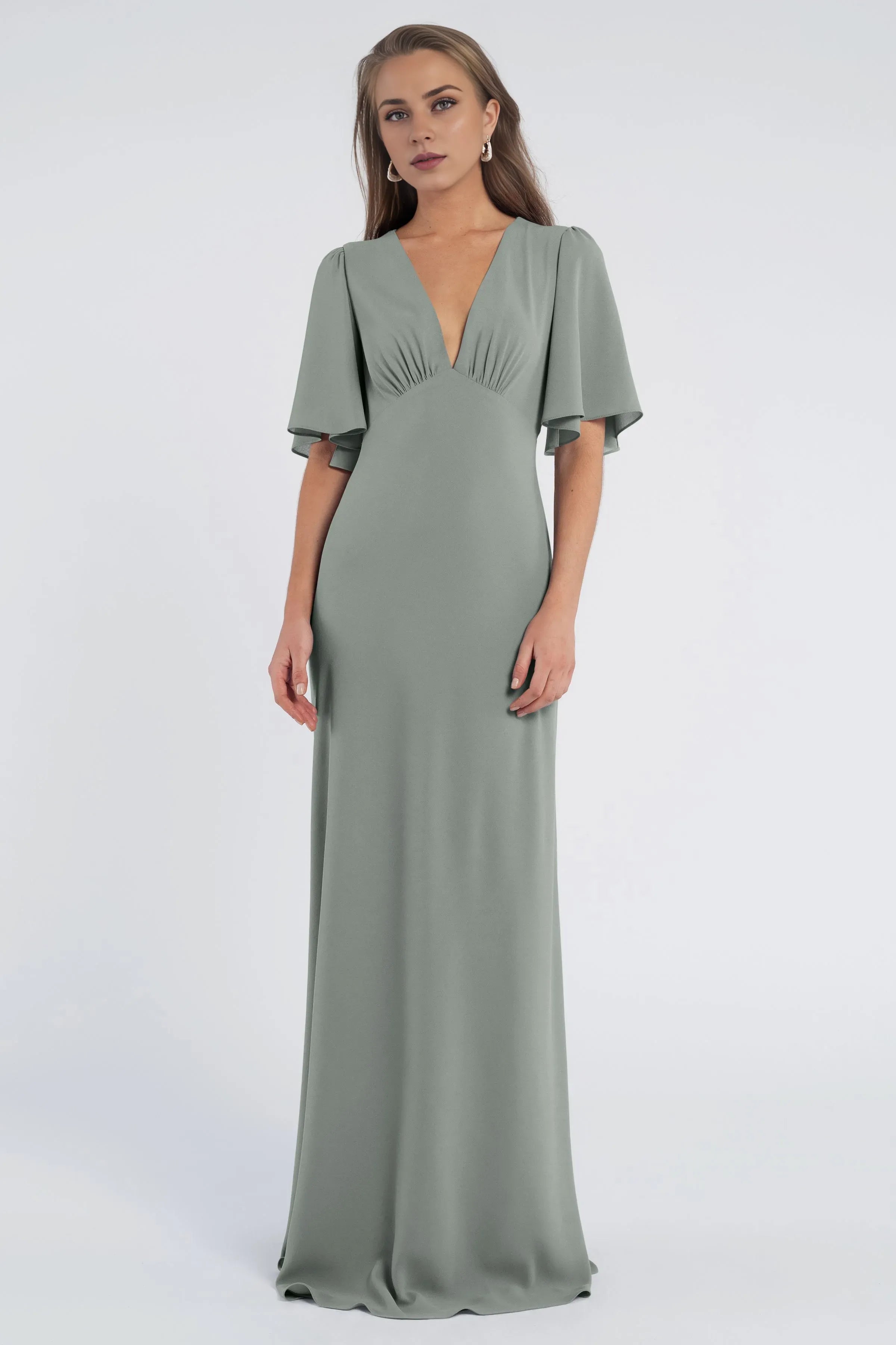 A line V Neck No Slit Flutter Sleeve Beautiful Floor Length Prom Dresses Backless With Sleeves Evening Dresses for Women