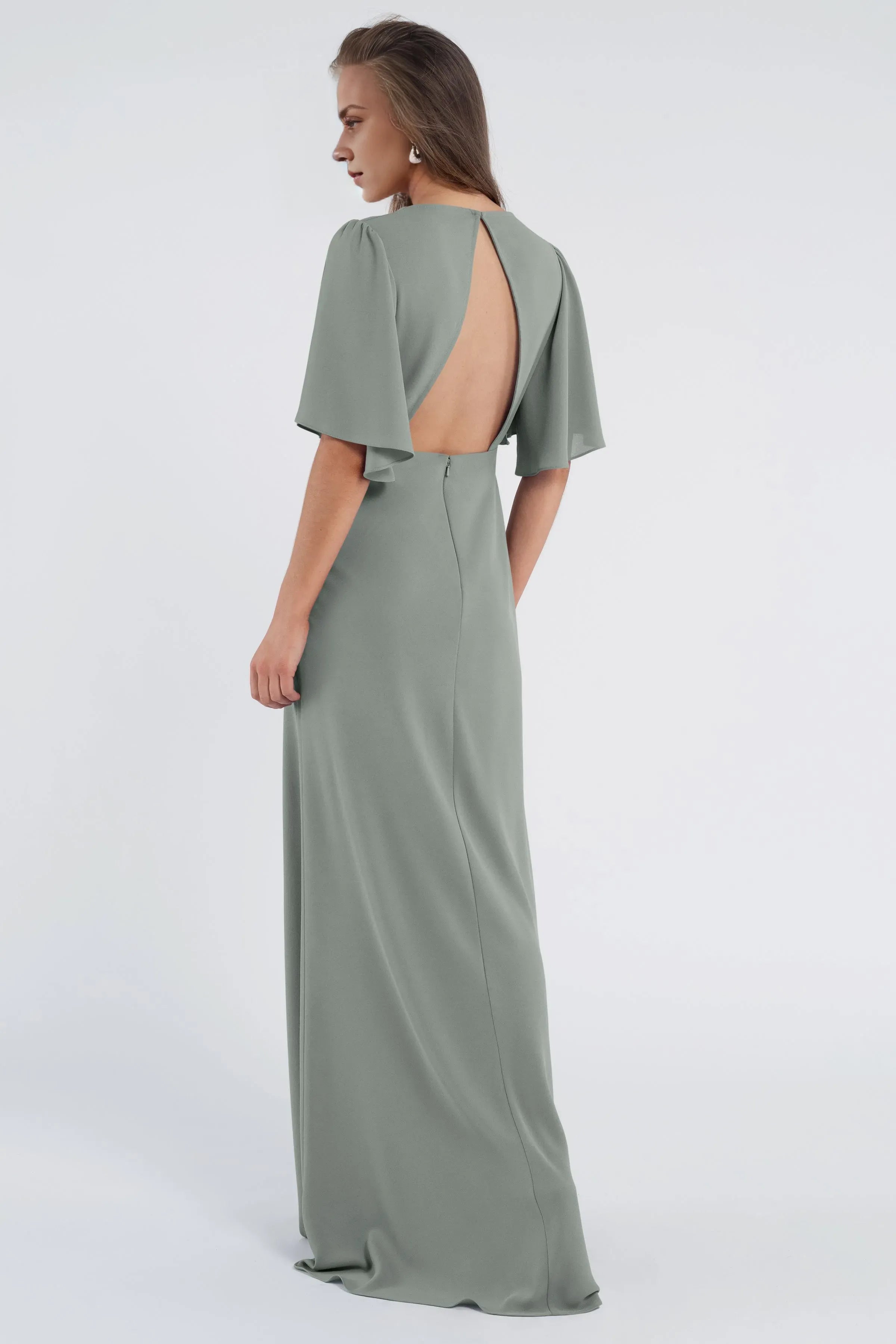 A line V Neck No Slit Flutter Sleeve Beautiful Floor Length Prom Dresses Backless With Sleeves Evening Dresses for Women