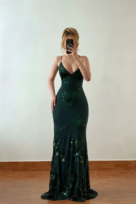 Alluring Mermaid Spaghetti Strap V-Neck Criss Cross Back Sequin Floor-Length Evening Dress