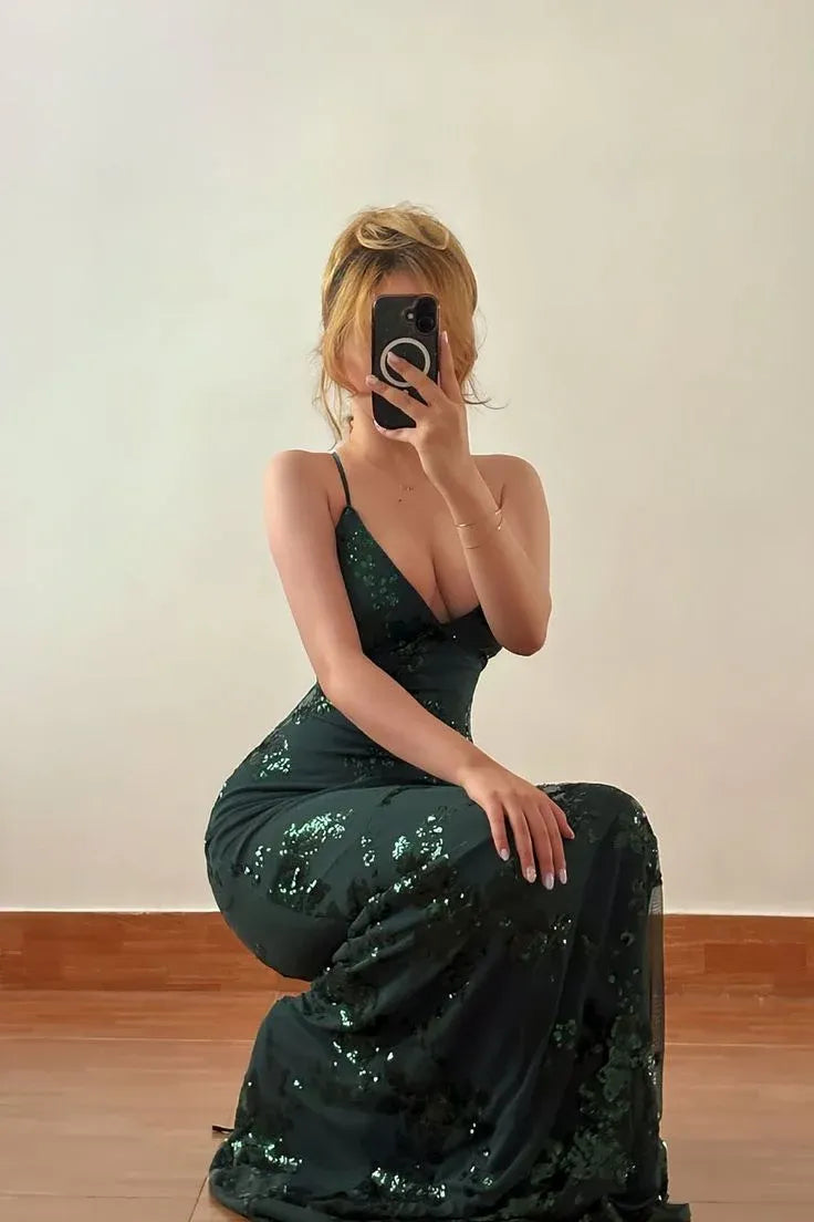 Alluring Mermaid Spaghetti Strap V-Neck Criss Cross Back Sequin Floor-Length Evening Dress