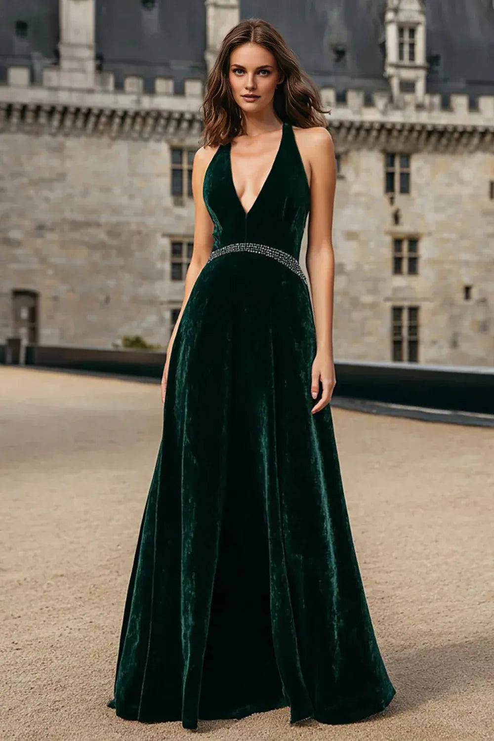 Alluring A-Line Halter Neck Sleeveless Velvet Floor-Length Prom Dress