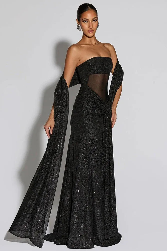 Alluring Mermaid Strapless Mesh-Waist Black Floor-Length Prom Dress With Scarf