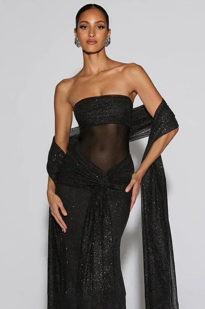 Alluring Mermaid Strapless Mesh-Waist Black Floor-Length Prom Dress With Scarf