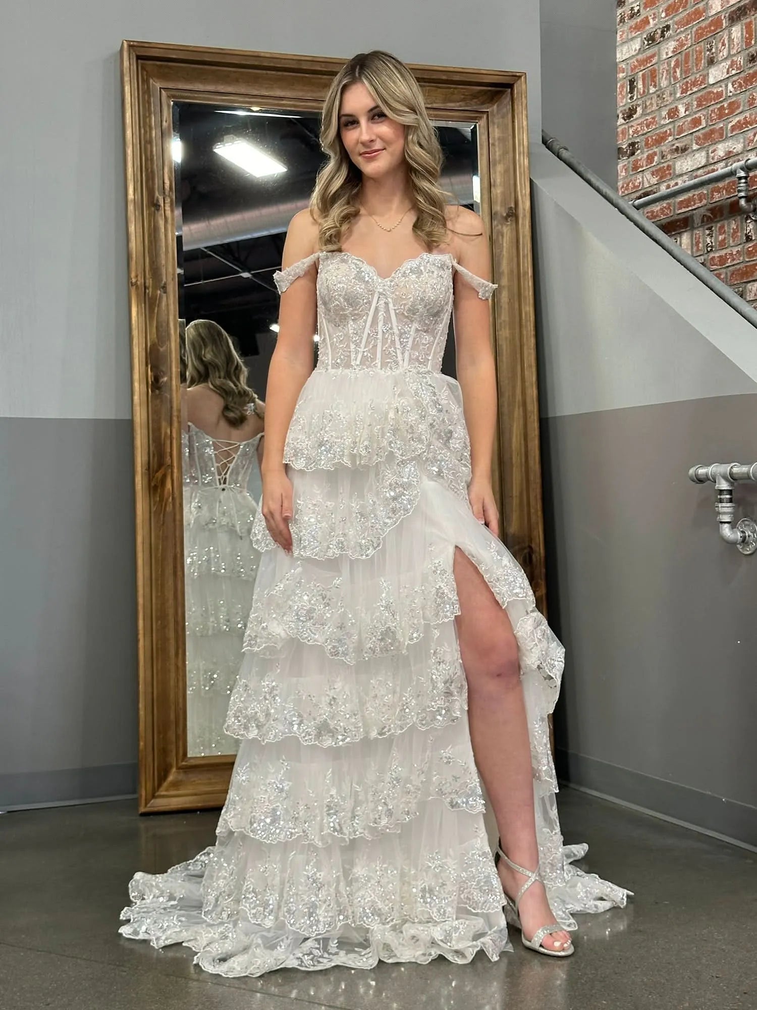 Alluring Off the Shoulder Sleeveless A-Line Tulle Tiered Long Prom Dress