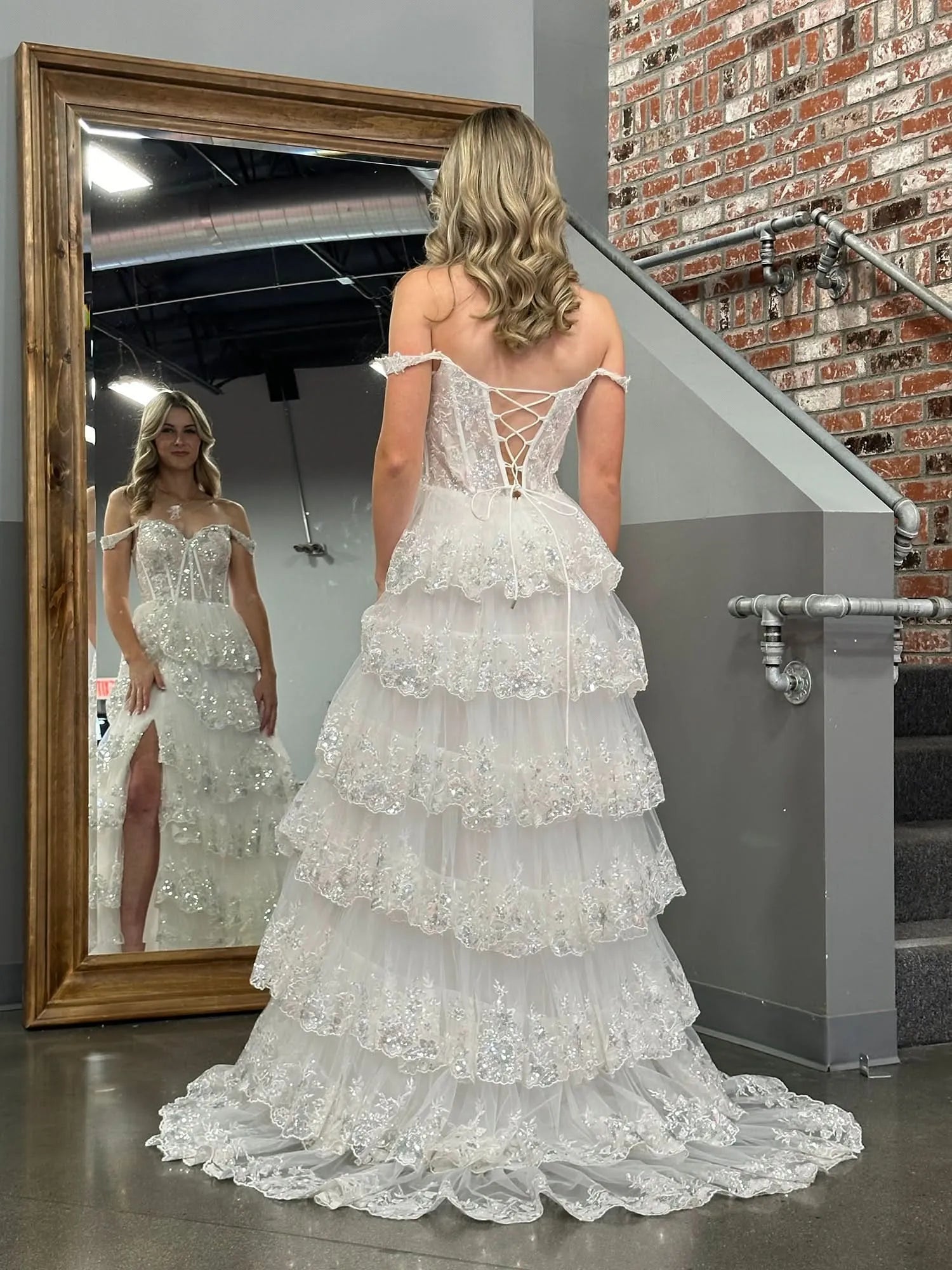 Alluring Off the Shoulder Sleeveless A-Line Tulle Tiered Long Prom Dress