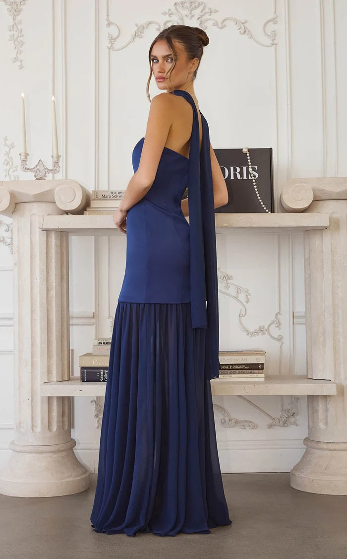 Dark Navy Satin and Chiffon Sheath Straight Across Open Back Floor-Length Dress