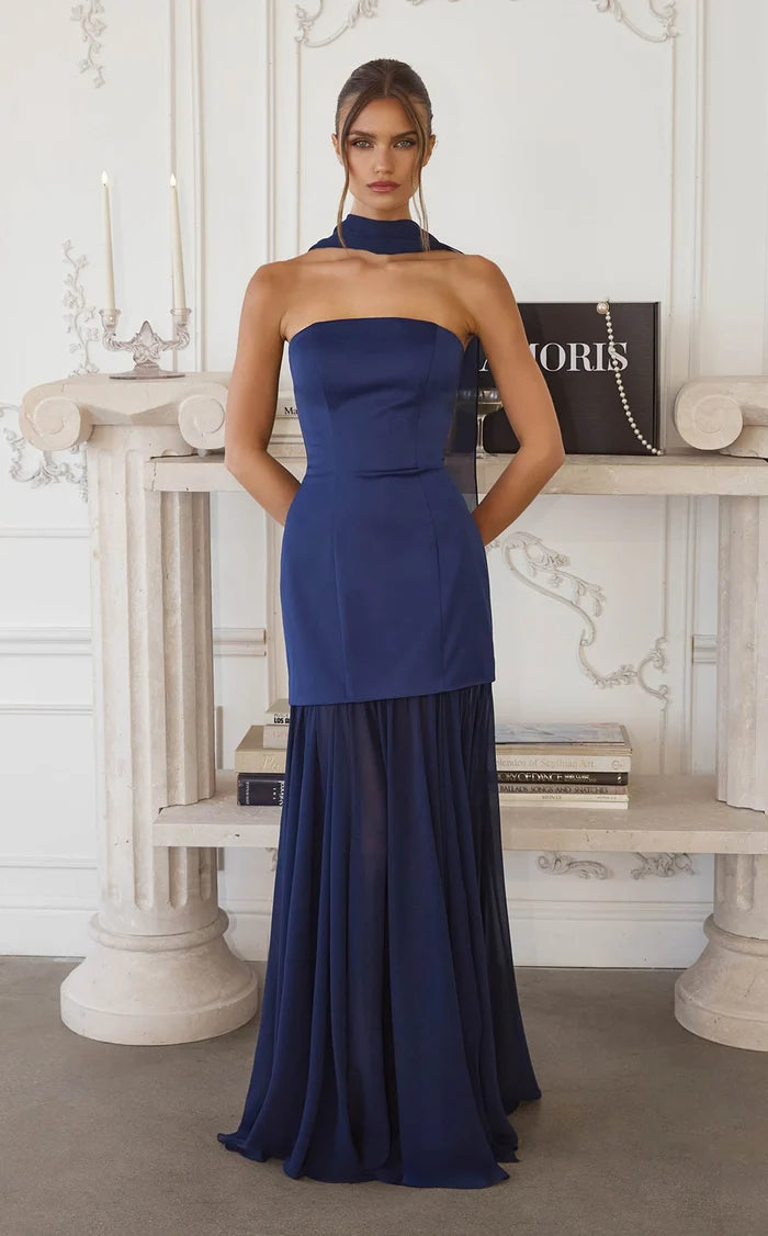 Dark Navy Satin and Chiffon Sheath Straight Across Open Back Floor-Length Dress