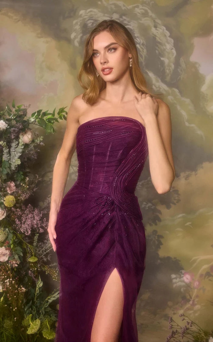 Plum Mesh Sheath Straight-Across Zipper Back Floor-Length Dress