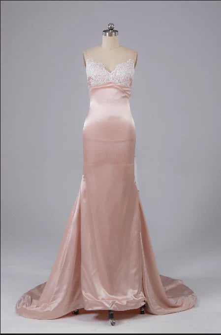 Weitese Formal Wear Dresses Pearl Pink Open Back Sweep Train Prom Dress with Lace Appliques Prom Dresses Shops Formal Women's Dresses