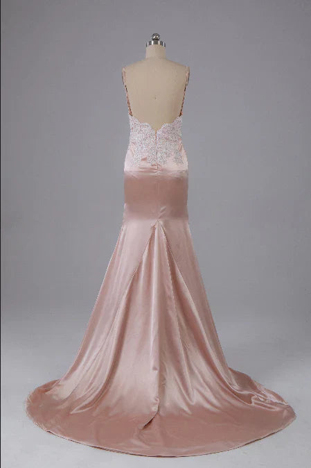 Weitese Formal Wear Dresses Pearl Pink Open Back Sweep Train Prom Dress with Lace Appliques Prom Dresses Shops Formal Women's Dresses