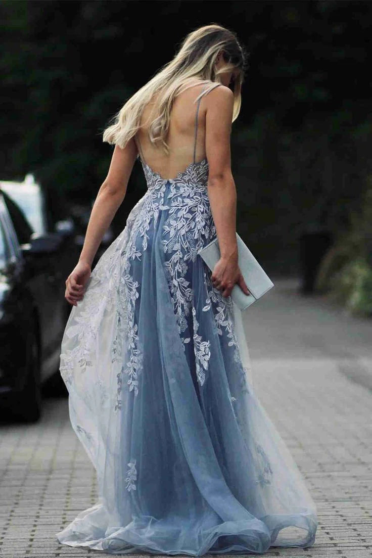 Weitese Formal Women's Dresses Stunning Dsuty Blue Tulle Long Formal Dress with Appliques Prom Dresses Stores