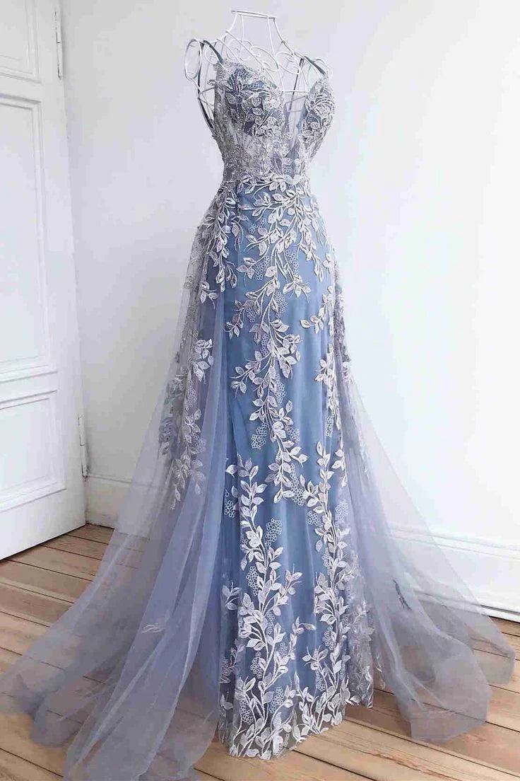 Weitese Formal Women's Dresses Stunning Dsuty Blue Tulle Long Formal Dress with Appliques Prom Dresses Stores