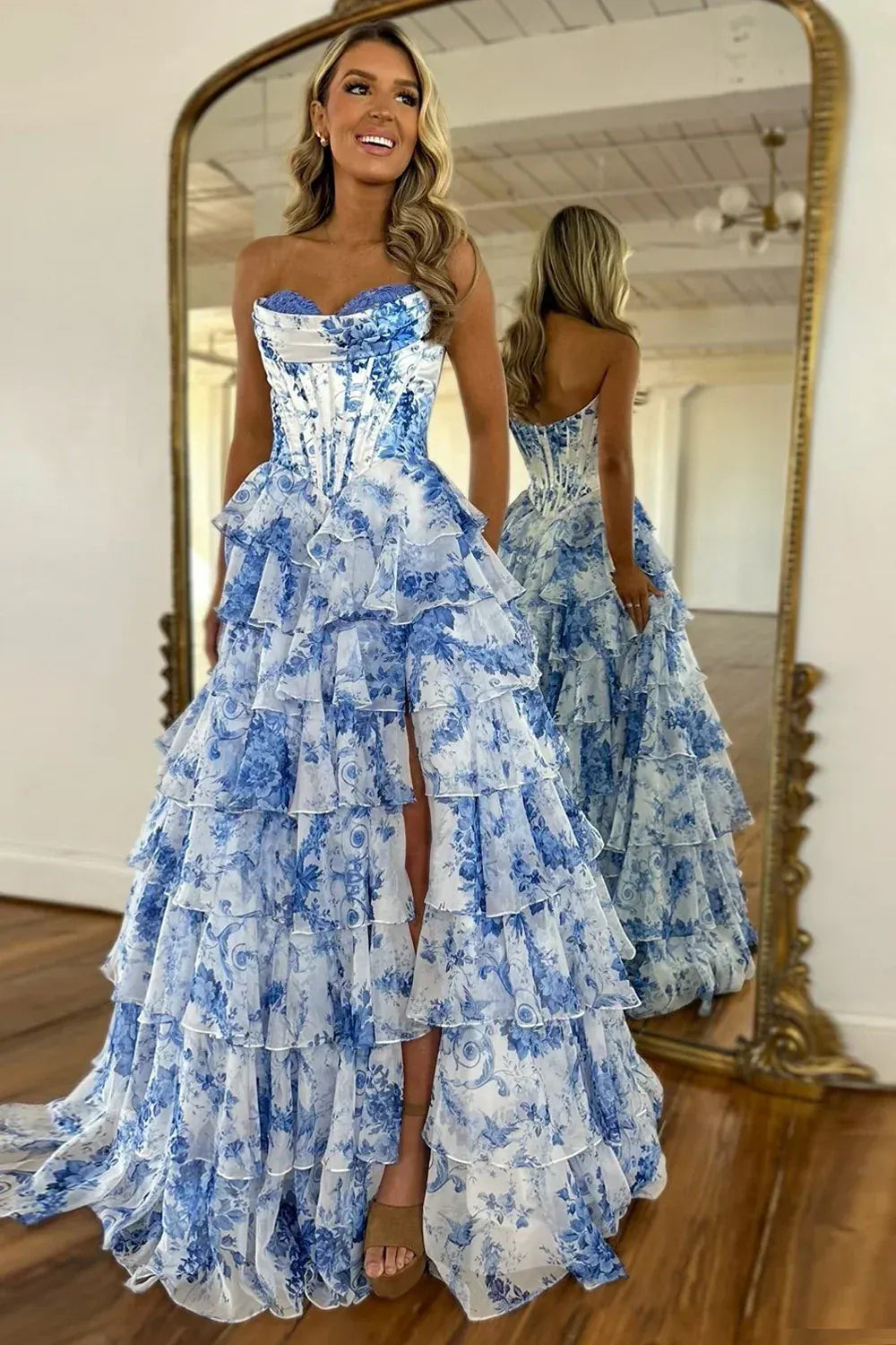 Artistic Sweetheart Sleeveless Empire A-Line Chiffon Tiered Slit Long Prom Dress