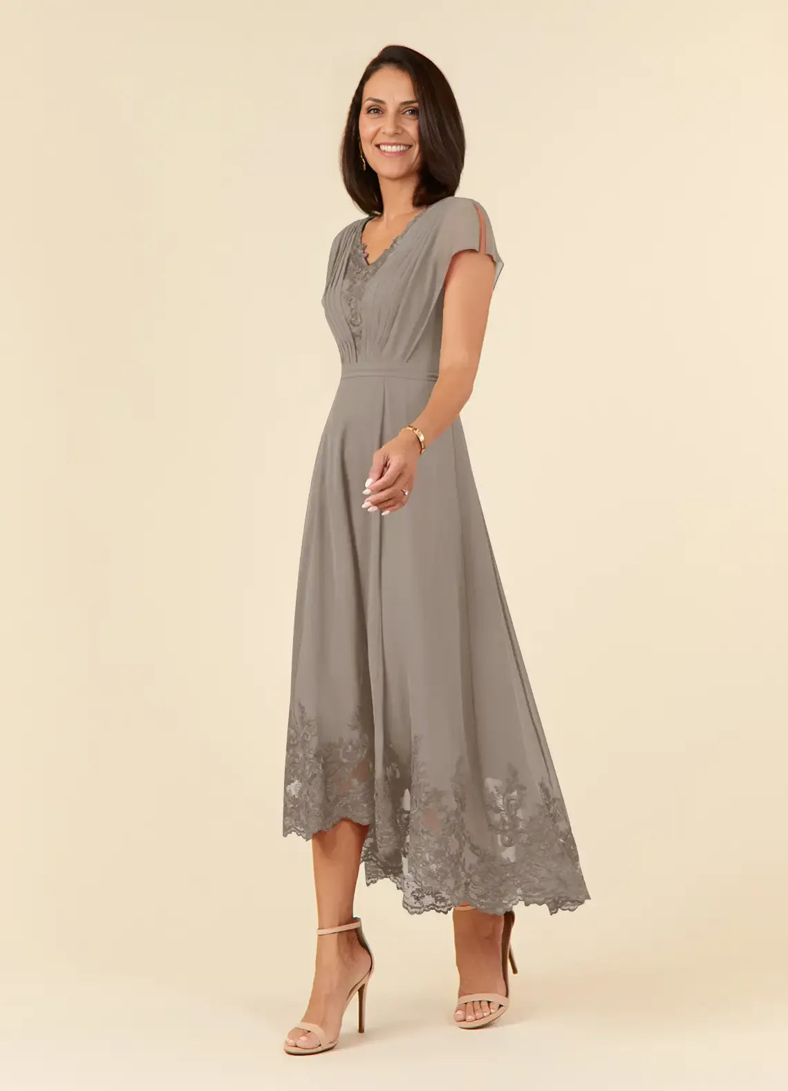 Robe Weitese élégante en mousseline de soie et dentelle, couleur taupe, coupe trapèze, longueur asymétrique, manches flottantes, fermeture éclair au dos, col en V, grande taille, pour mère de la mariée 