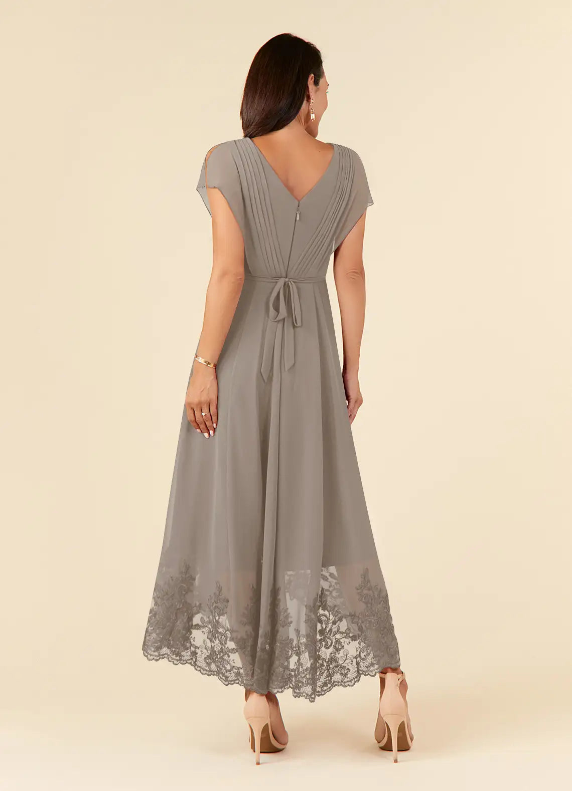 Robe Weitese élégante en mousseline de soie et dentelle, couleur taupe, coupe trapèze, longueur asymétrique, manches flottantes, fermeture éclair au dos, col en V, grande taille, pour mère de la mariée 