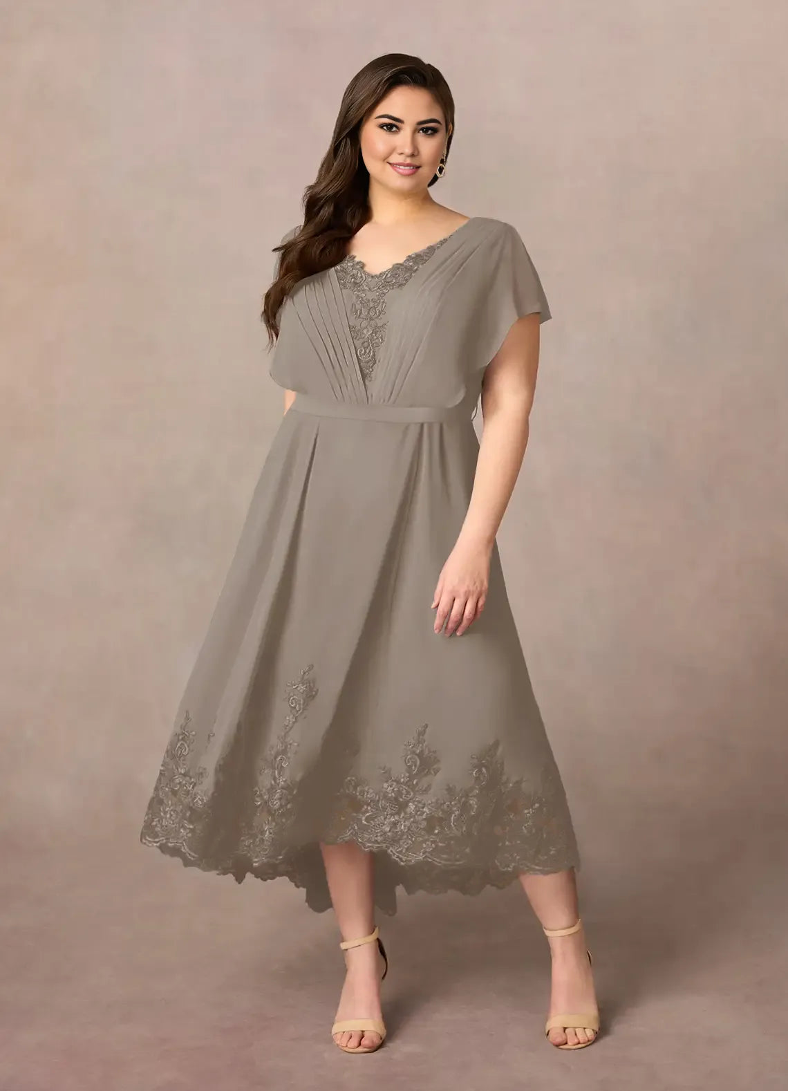 Robe Weitese élégante en mousseline de soie et dentelle, couleur taupe, coupe trapèze, longueur asymétrique, manches flottantes, fermeture éclair au dos, col en V, grande taille, pour mère de la mariée 