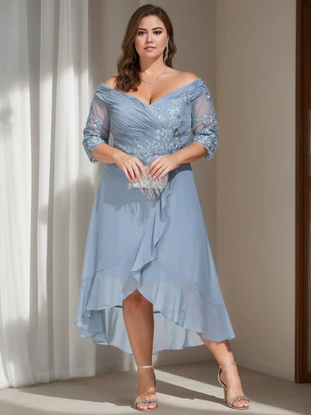 Formal Women's Dresses A-Line/Princess Off-the-Shoulder 3/4 Length Sleeves Asymmetrical Plus Size Mother of the Bride Dresses Prom Dresses Stores