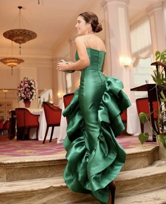 Weitese Formal Women's Dresses Green Spaghetti Straps Asymmetrical Prom Dress with Ruffles Prom Dress Stores