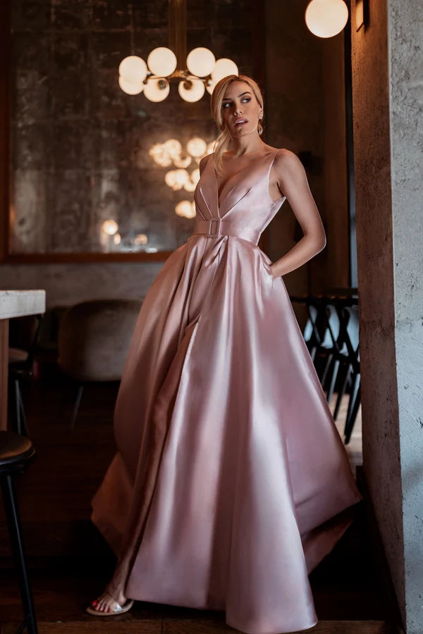 Dusty Pink A-Line Deep V Sleeveless Low Back Satin Pocket Gown