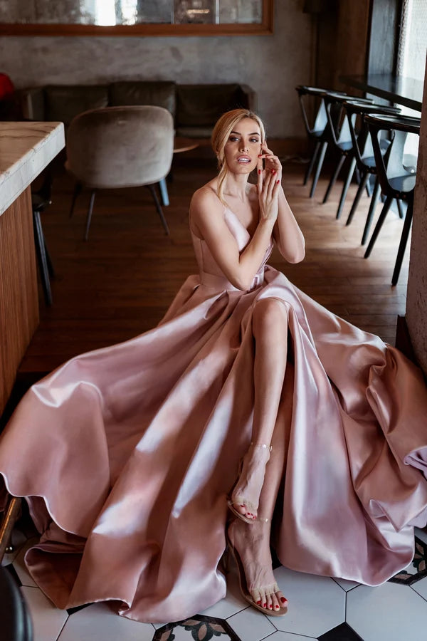 Dusty Pink A-Line Deep V Sleeveless Low Back Satin Pocket Gown