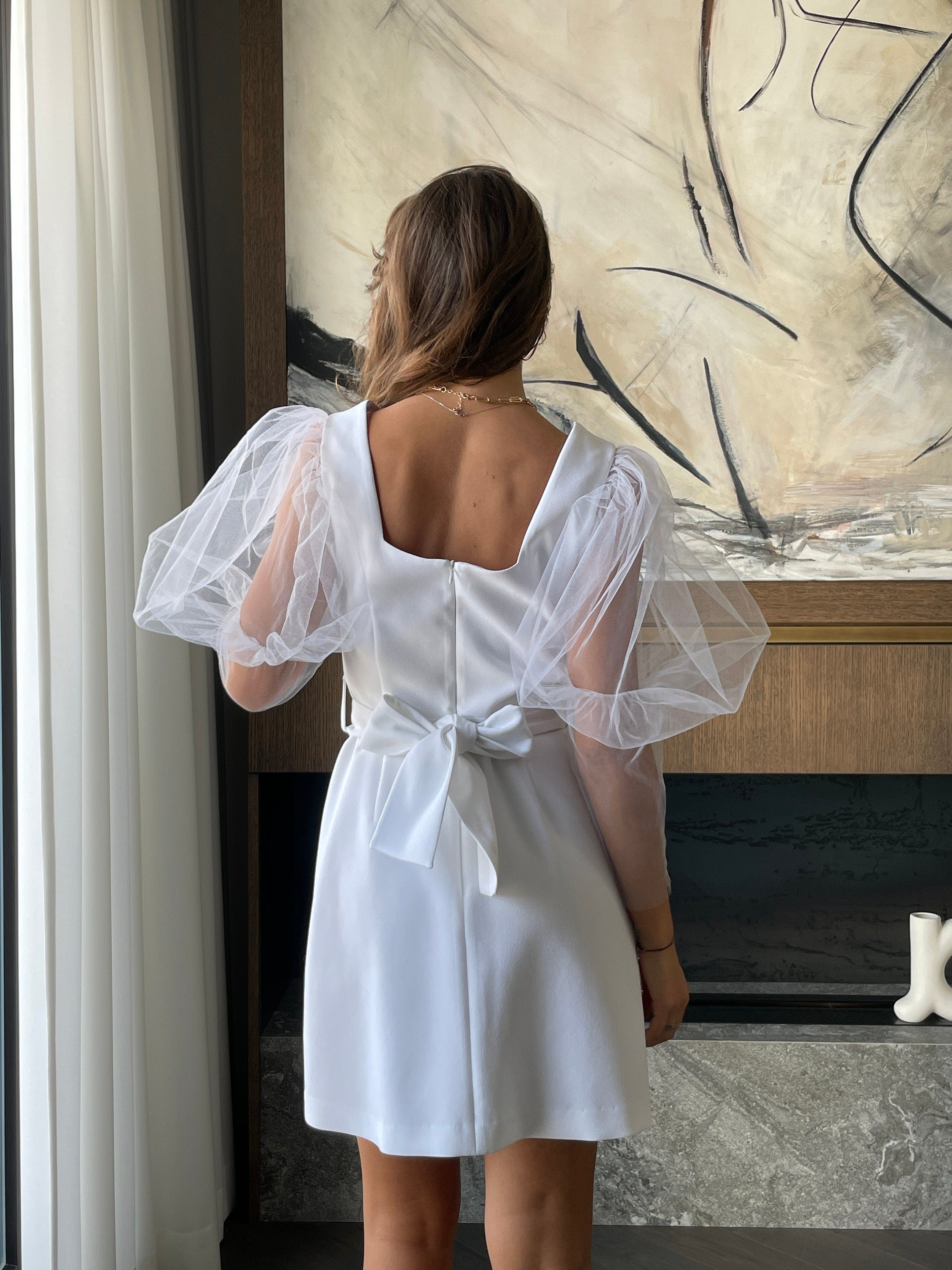 Black Party Dress Short Wedding Guest Dress Red Short Puff Sleeve Cocktail Dress White Square Neck Simple Wedding Dress Tulle Sleeve Women Prom Dress