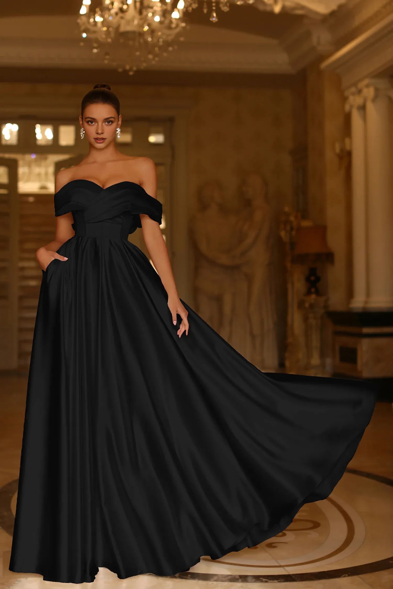 Weitese Dress A Line Long Pleated Formal Prom Dress Off the Shoulder Floor-Length Sleeveless Evening Dress