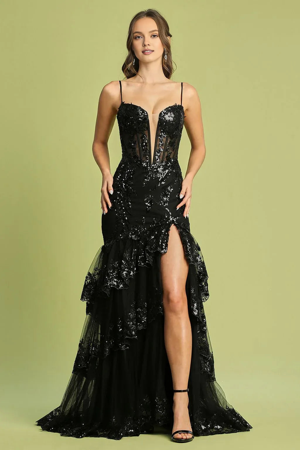 Weitese Dress Applique Corset Long Fitted Formal Dress Spaghetti Strap Lace Up Prom Dress