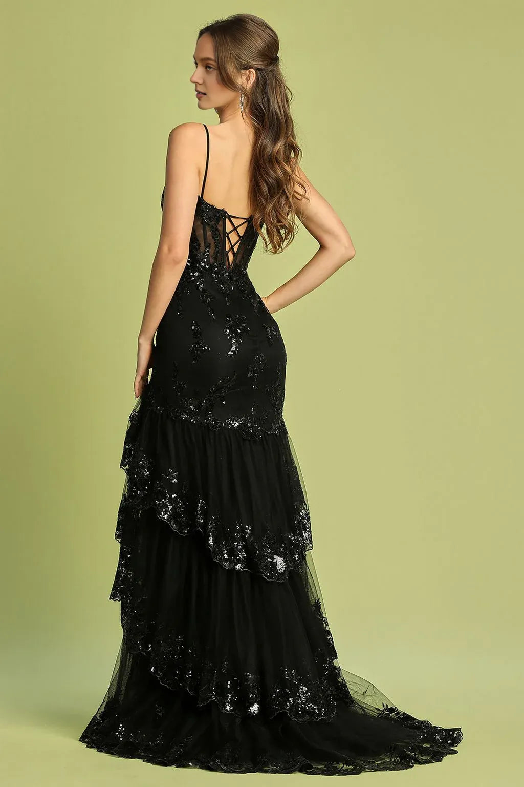 Weitese Dress Applique Corset Long Fitted Formal Dress Spaghetti Strap Lace Up Prom Dress