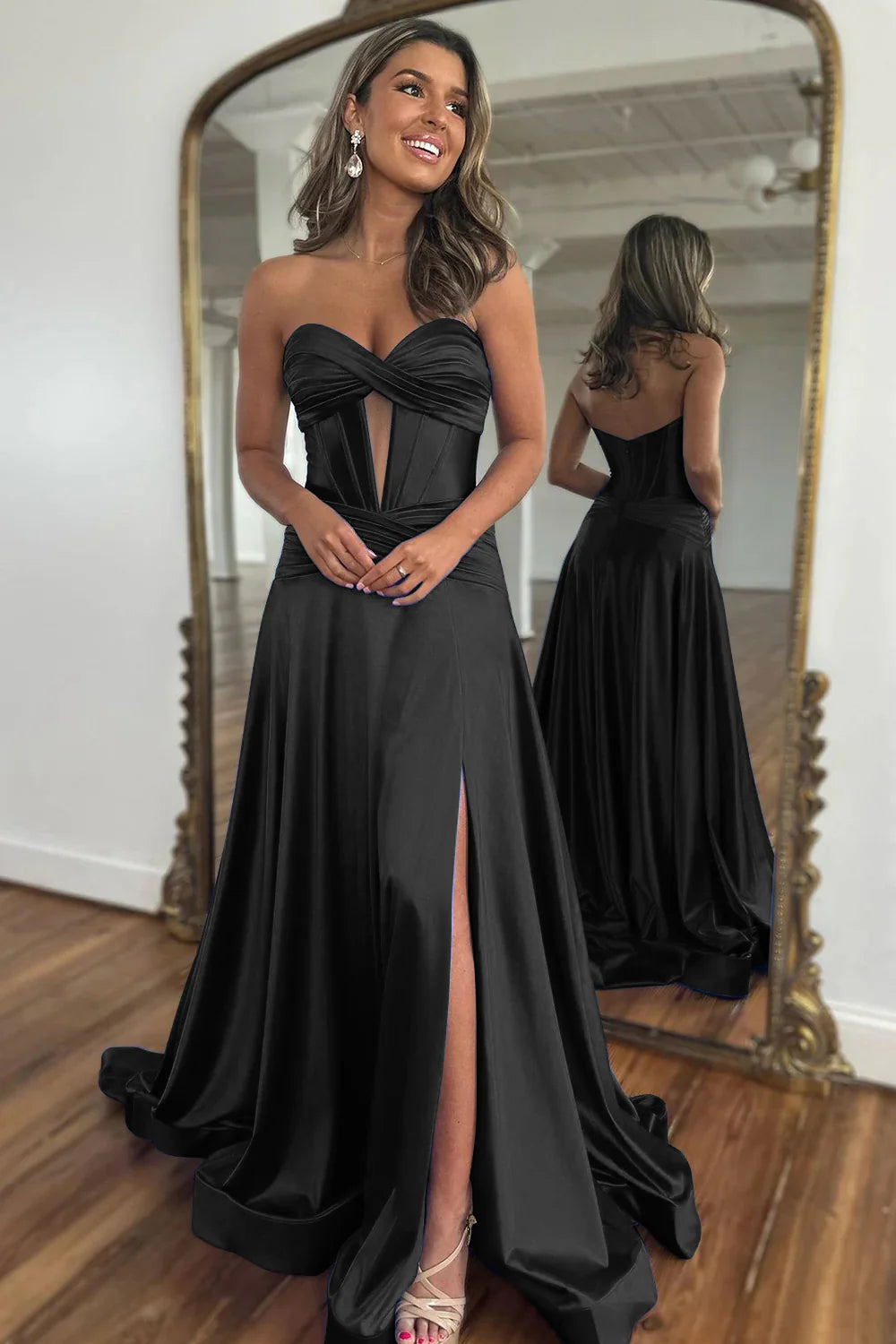 Vestido de fiesta largo de satén con escote en forma de corazón y cremallera en la espalda con abertura