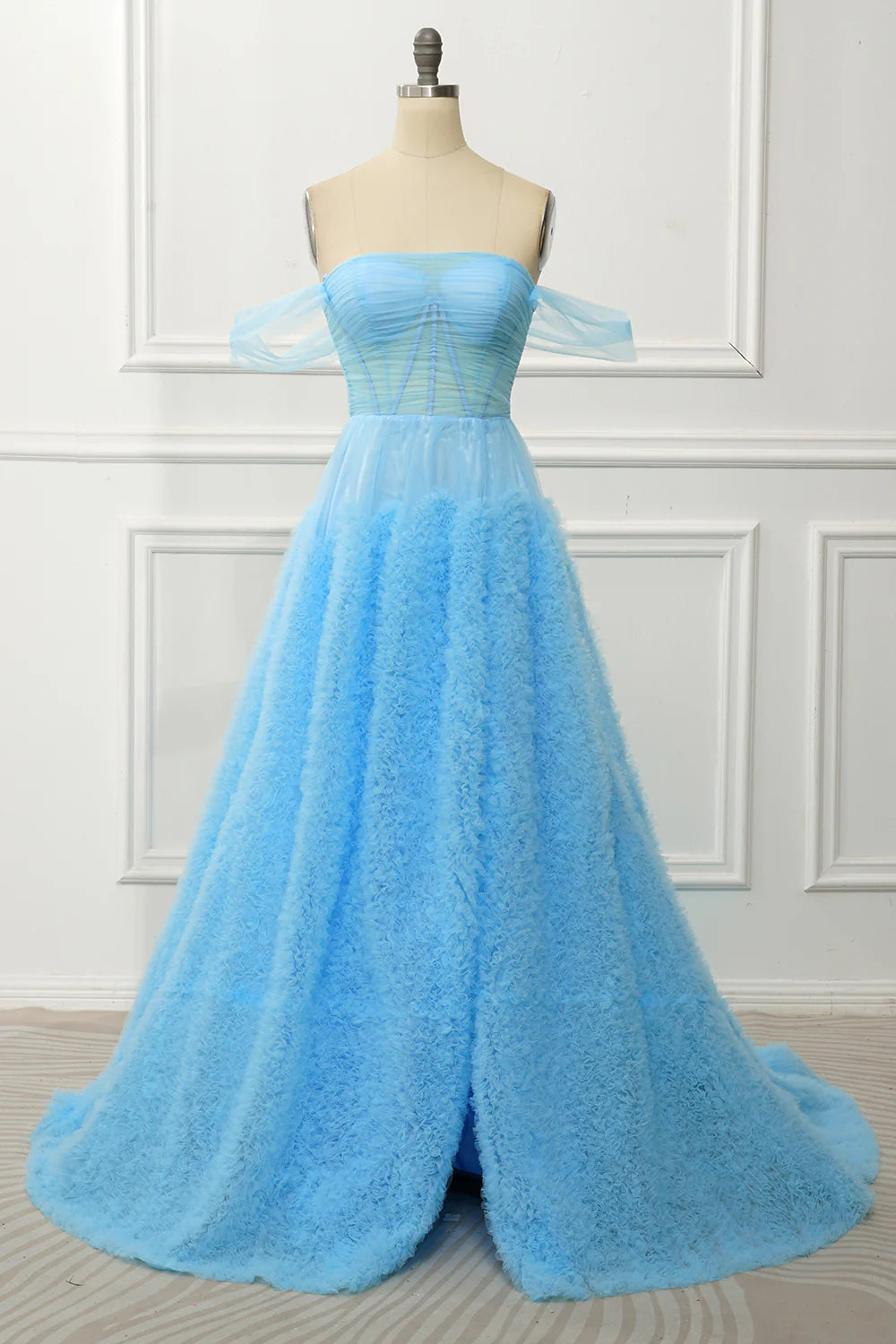 Off The Shoulder A Line Corset  Blue Prom Dress With Slit