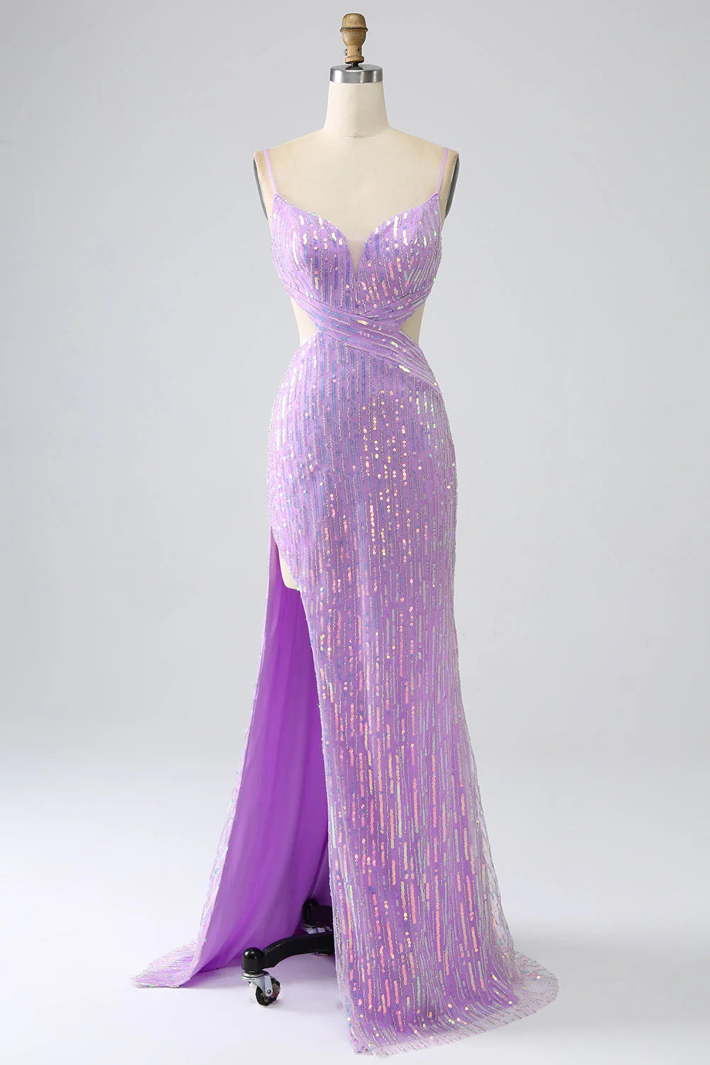 Vestido de fiesta con tirantes finos, lentejuelas y sirena brillante en color morado
