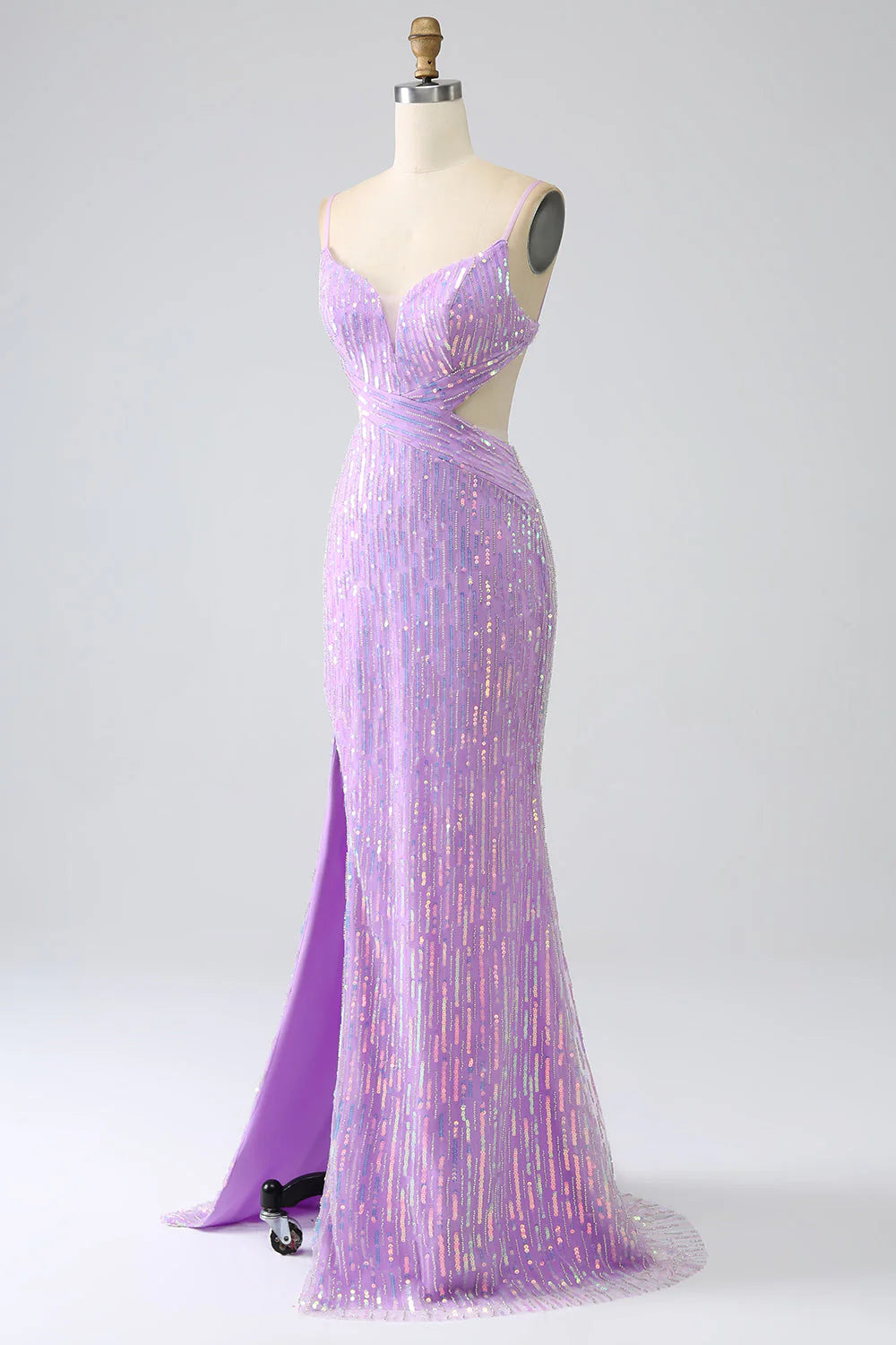 Vestido de fiesta con tirantes finos, lentejuelas y sirena brillante en color morado