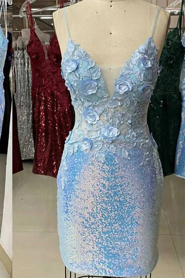 Spaghetti Straps V Neck Sequin Appliques Bodycon Homecoming Dress