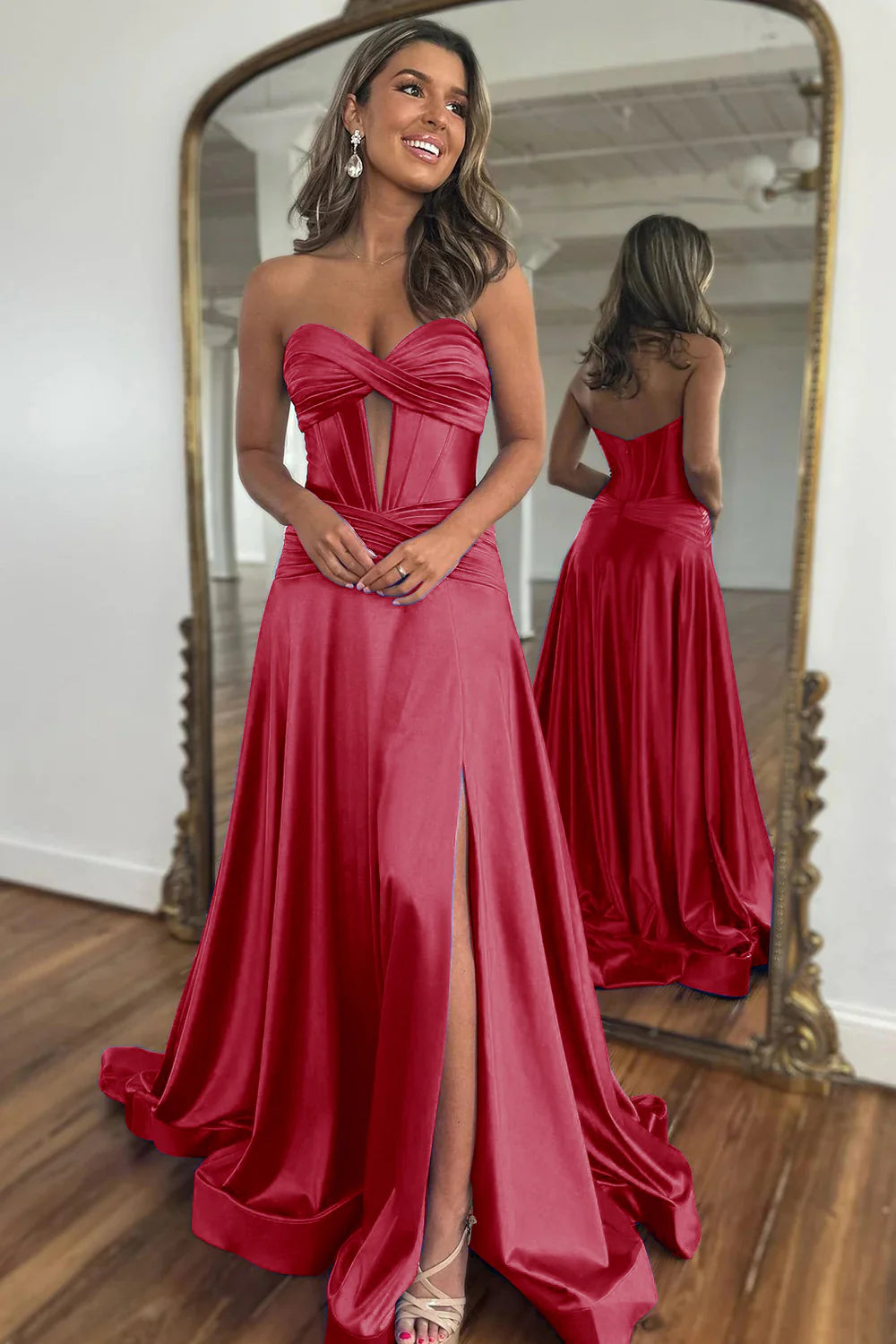 Vestido de fiesta largo de satén con escote en forma de corazón y cremallera en la espalda con abertura