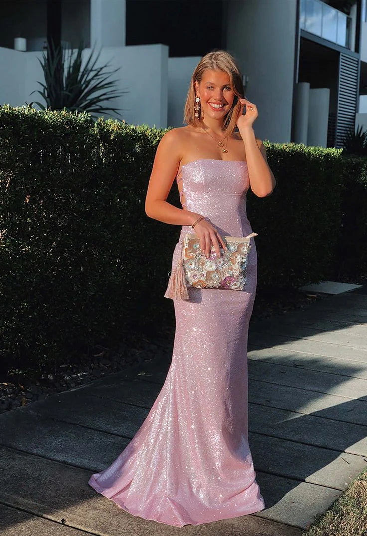 Vestidos formales Weitese para mujer, color morado claro, brillante, sin tirantes, espalda descubierta, vestido de fiesta largo tipo sirena, tiendas de vestidos de fiesta 