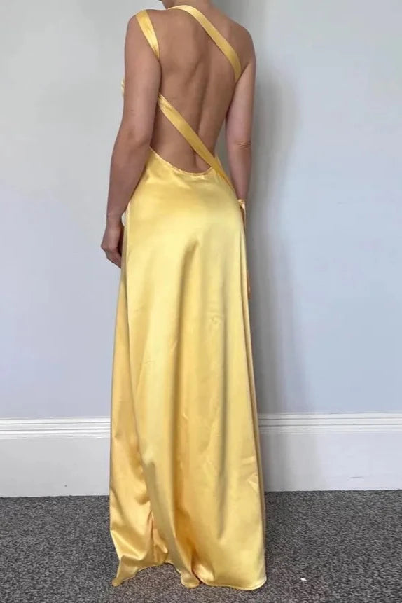 Vestido de dama de honor amarillo sin espalda, corte sirena, sencillo, largo hasta el suelo, sin mangas 