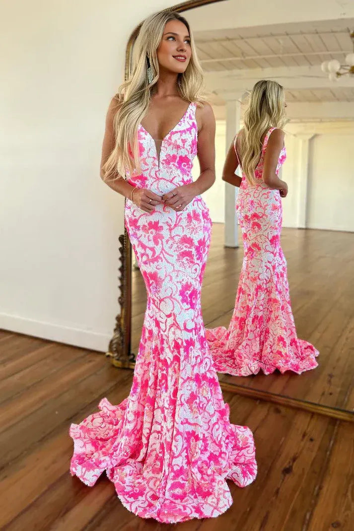 Vestidos de fiesta de sirena rosa sin espalda, con escote en V, lentejuelas y encaje, con cola 
