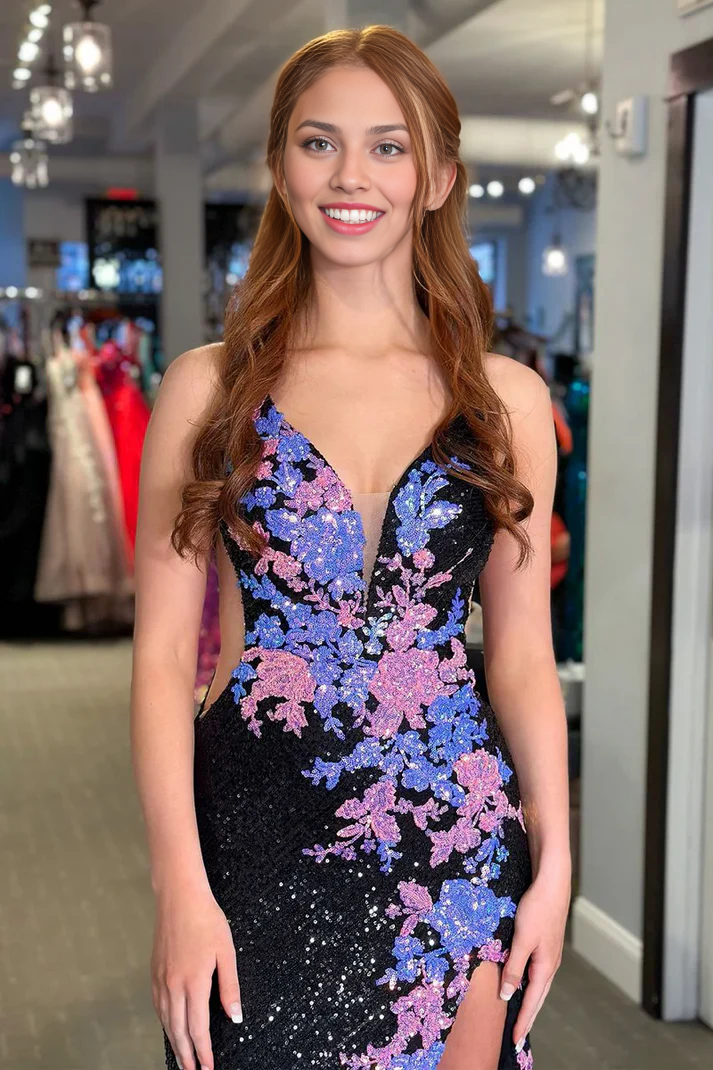 Vestidos de fiesta largos de sirena con lentejuelas, encaje y escote en V, sin espalda y sin mangas, color negro 